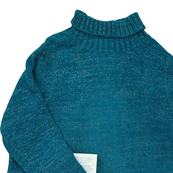 Y2K Susan Graver Sz 1X Teal Turtleneck Sweater with Silver Metallic Knit Yarn - Picture 8 of 8